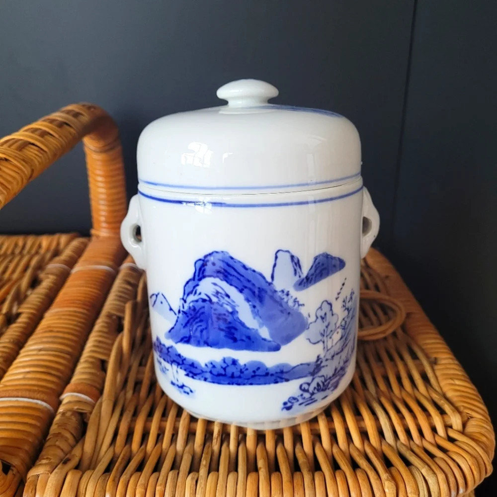 Vintage Chinese blue and white ceramic tea caddy ginger pot